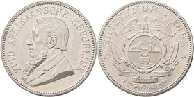 Südafrika: 5 Shillings 1892, Paul Krüger. KM# 8.2 (Wagen mit doppelter Deichsel, geprägt in Berlin). Etwas berieben, kleine Randfehler und Kratzer, gu...