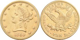 Vereinigte Staaten von Amerika: 10 Dollars 1880 (Eagle - Liberty Head coronet), KM# 102, Friedberg 158. 16,70 g, 900/1000 Gold. Kratzer, sehr schön.
...