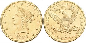 Vereinigte Staaten von Amerika: 10 Dollars 1893 (Eagle - Liberty Head coronet), KM# 102, Friedberg 158. 16,75 g, 900/1000 Gold. Kratzer, sehr schön.
...