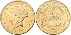 Vereinigte Staaten von Amerika: 20 Dollars 1904 (Double Eagle - Liberty Head), KM# 74.3, Friedberg 177. 33,49 g, 900/1000 Gold. Winzige Kratzer, vorzü...