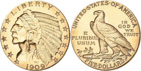 Vereinigte Staaten von Amerika: 5 Dollars 1909 D (Half Eagle - Indian Head), KM# 129, Friedberg 151. 8,38 g, 900/1000 Gold. Kratzer, sehr schön.
 [pl...