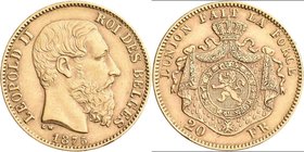Belgien: Leopold II. 1865-1909: 20 Francs 1875 LW (Pos. A), KM# 37, Friedberg 412. 6,47 g, 900/1000 Gold. Sehr schön.
 [plus 0 % VAT]