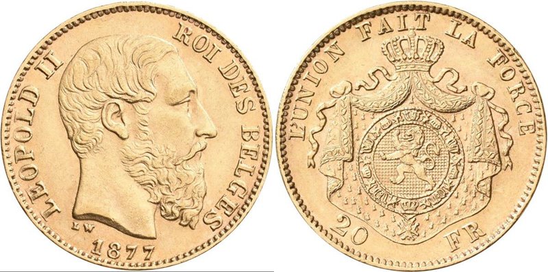 Belgien: Leopold II. 1865-1909: 20 Francs 1877 LW (Pos. A), KM# 37, Friedberg 41...