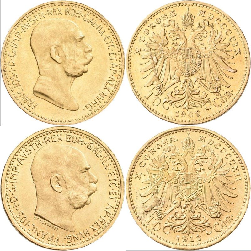 Österreich: Franz Joseph I. 1848-1916: Lot 2 Goldmünzen, 10 Kronen 1909 + 1912, ...
