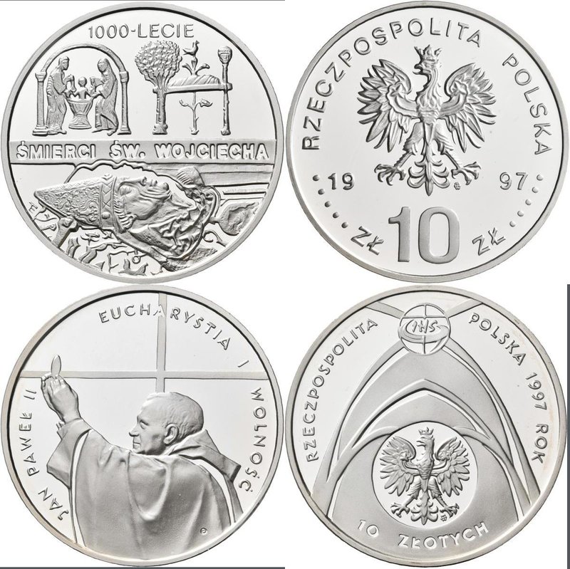 Polen: Lot 2 Münzen: 10 Zlotych 1997, St. Adalbert, 1000 Lecie smierci sw. Wojci...