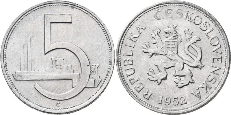 Tschechoslowakei: 5 Kronen (Koruna) 1952 RR !, nicht ausgegeben, KM# 34, Novotny...