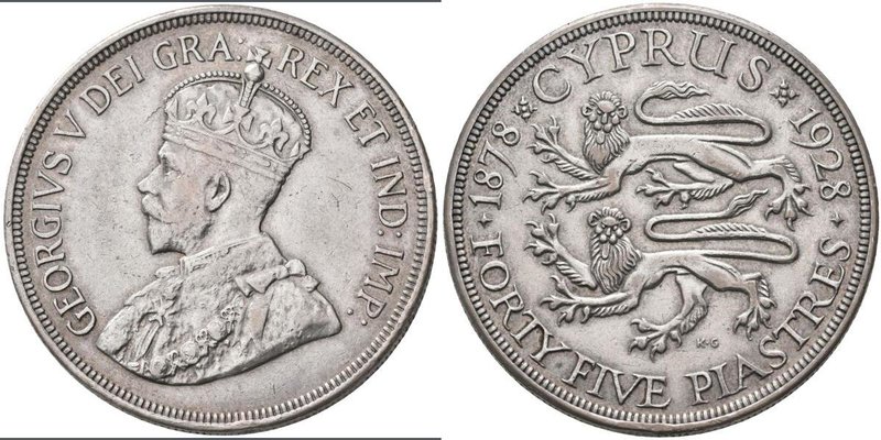 Zypern: George V. 1910-1936: 45 Piastres 1928, KM# 19, kl. Kratzer, fast vorzügl...