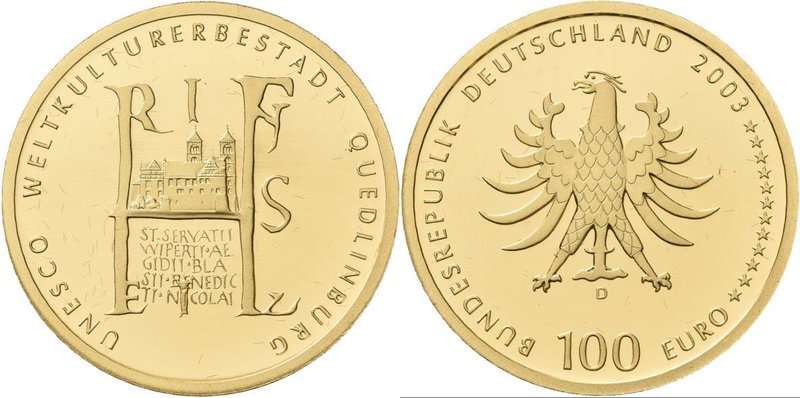 Deutschland: 100 Euro 2003 Quedlinburg (D), in Originalkapsel, ohne Etui und Zer...