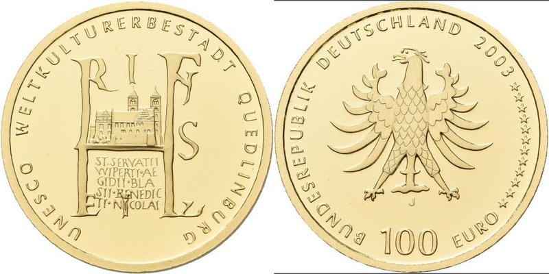 Deutschland: 100 Euro 2003 Quedlinburg (J), in Originalkapsel und Etui, mit Zert...