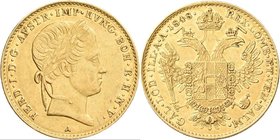 Haus Habsburg: Ferdinand I. 1835-1848: Dukat 1848 A, KM# 2262, Friedberg 481. 3,49 g, 986/1000 Gold. Kratzer, sehr schön.
 [plus 19 % VAT]