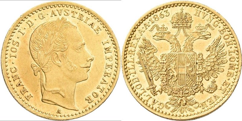 Haus Habsburg: Franz Joseph I. 1848-1916: Dukat 1863 A, KM# 2264, Friedberg 491....