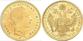 Haus Habsburg: Franz Joseph I. 1848-1916: Dukat 1863 A, KM# 2264, Friedberg 491. 3,49 g, 986/1000 Gold. Kratzer, sehr schön - vorzüglich.
 [plus 19 %...