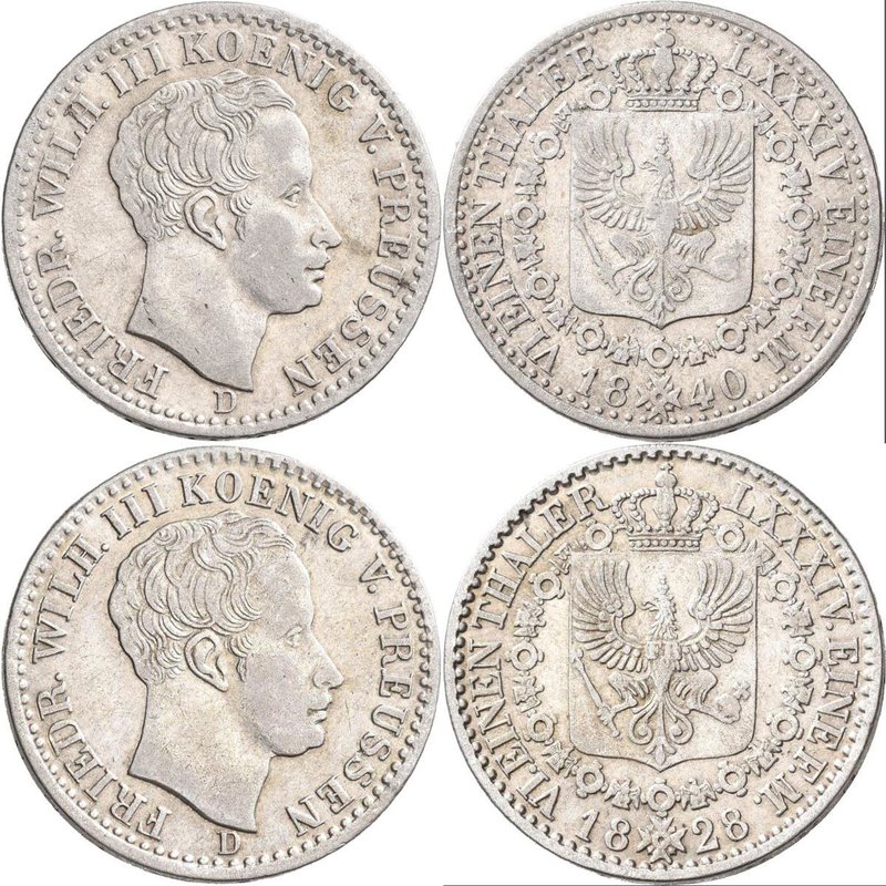 Preußen: Friedrich Wilhelm III. 1797-1840: Lot 2 Stück, 1/6 Taler 1828 D, 1840 D...
