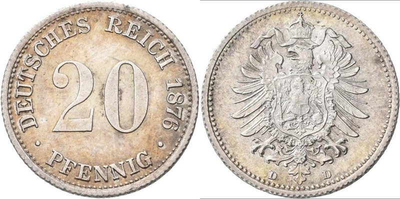 Umlaufmünzen 1 Pf. - 1 Mark: 20 Pfennig 1876 D, Jaeger 5, Kratzer, fast vorzügli...