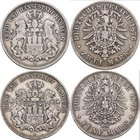 Hamburg: Freie und Hansestadt: Lot 2 Münzen: 2 Mark 1876, Jaeger 61, 5 Mark 1876, Jaeger 62. Schön - Sehr schön.
 [taxed under margin system]
Knocke...