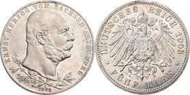 Sachsen-Altenburg: Ernst 1853-1908: 5 Mark 1903 A , 50jähr. Regierungsjubiläum, 27,72 g. Jaeger 144, kleine Kratzer, sonst vorzüglich.
 [taxed under ...