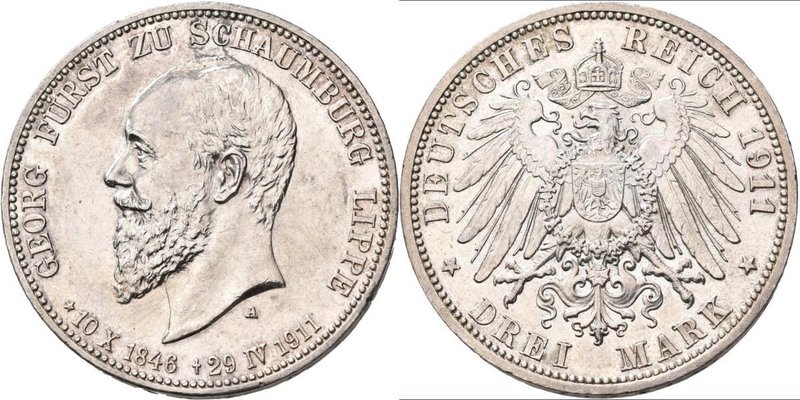 Schaumburg-Lippe: Georg 1893-1911: 3 Mark 1911 A, auf seinen Tod, Jaeger 166, vo...
