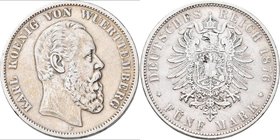 Württemberg: Karl 1864-1891: 5 Mark 1876 F, Jaeger 173, schön - sehr schön.
 [taxed under margin system]
Knocked down to the highest bid!
