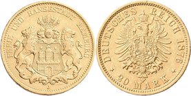 Hamburg: Freie und Hansestadt: 20 Mark 1876 J, Jaeger 210. 7,93 g, 900/1000 Gold, winziger Randfehler, Kratzer, sehr schön - vorzüglich.
 [plus 0 % V...