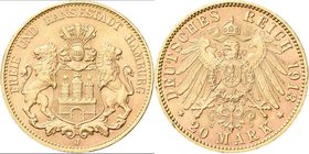 Hamburg: Freie und Hansestadt: 20 Mark 1913 J, letzter Jahrgang, Jaeger 212. 7,98 g, 900/1000 Gold, winziger Randfehler, Kratzer, sehr schön - vorzügl...