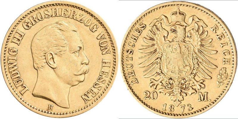 Hessen: Ludwig III. 1848-1877: 20 Mark 1873 H, Jaeger 214, 7,94 g, 900/1000 Gold...