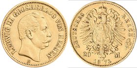 Hessen: Ludwig III. 1848-1877: 20 Mark 1873 H, Jaeger 214, 7,94 g, 900/1000 Gold, sehr schön.
 [plus 0 % VAT]
