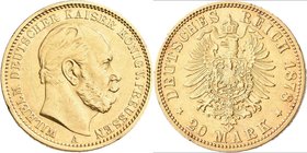 Preußen: Wilhelm I. 1861-1888: 20 Mark 1878 A, Jaeger 246. 7,93 g, 900/1000 Gold. Randfehler, sehr schön.
 [plus 0 % VAT]