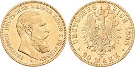 Preußen: Friedrich III. 1888: 20 Mark 1888 A, Jaeger 248. 7,96 g, 900/1000 Gold. Kratzer, sehr schön - vorzüglich.
 [plus 0 % VAT]