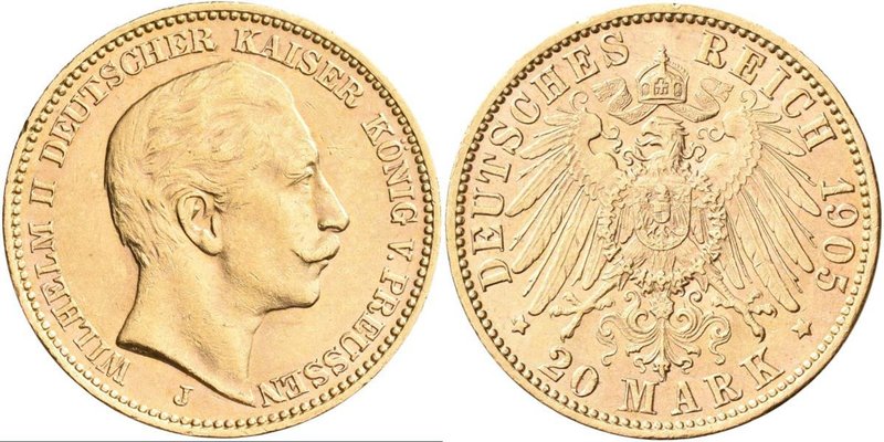 Preußen: Wilhelm II. 1888-1918: 20 Mark 1905 J, Jaeger 252. 7,97 g, 900/1000 Gol...
