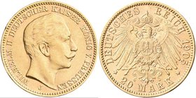 Preußen: Wilhelm II. 1888-1918: 20 Mark 1905 J, Jaeger 252. 7,97 g, 900/1000 Gold. Kleine Randfehler, Haarlinien, sehr schön - vorzüglich.
 [plus 0 %...