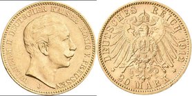 Preußen: Wilhelm II. 1888-1918: 20 Mark 1912 J, Jaeger 252. 7,97 g, 900/1000 Gold. Kleine Randfehler, Kratzer, sehr schön.
 [plus 0 % VAT]