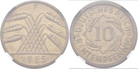 Weimarer Republik: 10 Rentenpfennig 1925 F, Fehlprägung infolge falscher Stempelkopplung, ab 1925 hätte die Bezeichnung Reichspfennig (RS J. 317) laut...