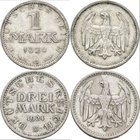 Weimarer Republik: Lot 2 Münzen: 1 Mark 1924 G, Jaeger 311, 3 Mark 1924 D, Jaeger 312, beide sehr schön.
 [taxed under margin system]
Knocked down t...
