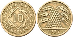 Weimarer Republik: 10 Reichspfennig 1932 G, Jaeger 317, äußerst selten, sehr schön+.
 [taxed under margin system]