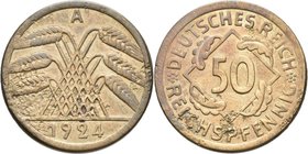 Weimarer Republik: 50 Reichspfennig 1924 A, Jaeger 318, R, Korrosion, schön - sehr schön, mit aktuellem Gutachten Franquinet.
 [taxed under margin sy...