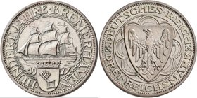 Weimarer Republik: 3 Reichsmark 1927 A, Bremerhaven, Jaeger 325, kleine Kratzer, Randschlag, sehr schön.
 [taxed under margin system]