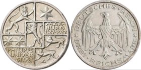Weimarer Republik: 3 Reichsmark 1927 A, Universität Marburg, Jaeger 330, sehr schön - vorzüglich.
 [taxed under margin system]