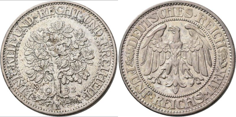 Weimarer Republik: 5 Reichsmark 1932 E, Eichbaum, Jaeger 331, sehr schön.
 [tax...