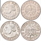 Drittes Reich: Lot 2 Münzen: 2 Reichsmark 1933 E, Luther, Jaeger 352 + 5 Reichsmark 1933 E, Luther, Jaeger 353, schön - sehr schön.
 [taxed under mar...