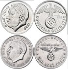 Drittes Reich: Lot 4 Medaillen mit Adolf Hitler, dabei: Probe 2 Mark 1938, Aluminiummedaille o.J. / Propagandamedaille Der Führer aus der Not sowie 2 ...
