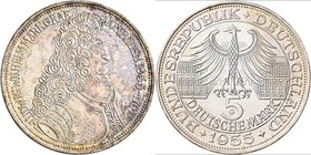 Bundesrepublik Deutschland 1948-2001: 5 DM 1955 G, Markgraf von Baden, Jaeger 390. Patina, Kratzer, sehr schön.
 [taxed under margin system]