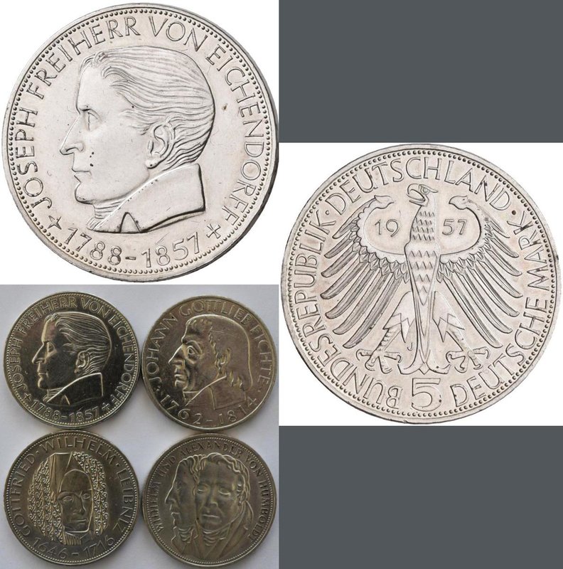 Bundesrepublik Deutschland 1948-2001: 5 DM 1957 J, Freiherr von Eichendorff, Jae...