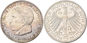 Bundesrepublik Deutschland 1948-2001: 5 DM 1957 J, Freiherr von Eichendorff, Jaeger 391. Patina, winzige Kratzer, sonst vorzüglich.
 [taxed under mar...