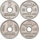 Deutsch-Ostafrika: Wilhelm II. 1888-1918: Kleinmünzensatz DOA, dabei: ½ Heller 1904 A, Jaeger 715, 1 Heller 1912 J, Jaeger 716, 5 Heller 1908 J, die G...