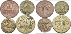 Deutsch-Ostafrika: Wilhelm II. 1888-1918: Die Notmünzen aus Tabora: 2 x 5 Heller 1916 T (1x dünn, 1x Dickabschlag), Jaeger 723 sowie 2 x 20 Heller 191...
