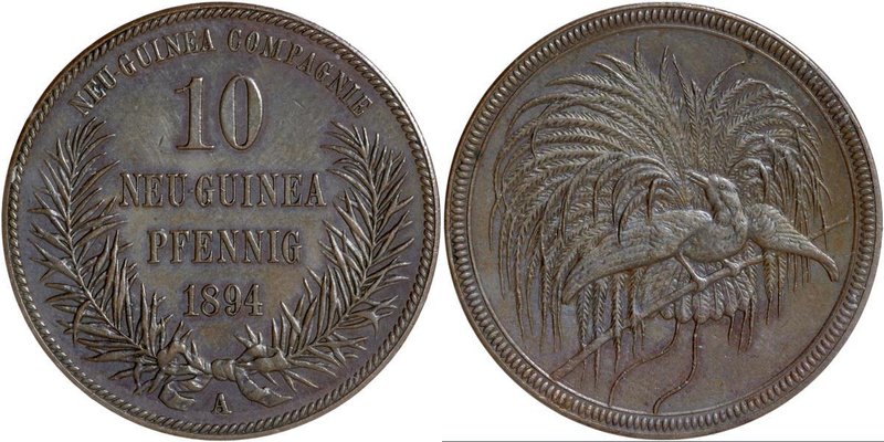 Deutsch-Neuguinea: 10 Neu-Guinea Pfennig 1894 A, Paradiesvogel, Jaeger 703, AKS ...