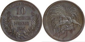 Deutsch-Neuguinea: 10 Neu-Guinea Pfennig 1894 A, Paradiesvogel, Jaeger 703, AKS 961, schöne Kupferpatina, winzige Kratzer, vorzüglich.
 [taxed under ...