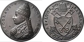 Medaillen alle Welt: Italien-Kirchenstaat, Nikolaus V. 1447-1455: Bronzemedaille o. J. (1447), auf seine Wahl zum Papst, unsigniert, Stempel von Girol...