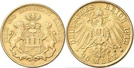 Medaillen Deutschland: Hamburg: 20 Mark 1912 J, Gold-vermutlich 900/1000, 7,98 g. Bei dieser Münze handelt es sich allem Anschein nach um eine sogenan...