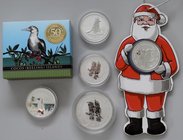 Australien: kleines Lot 5 Silbermünzen: 1 OZ 2006 Jahr des Hundes, 1 + 2 OZ Kookaburra 2006, 1 OZ Kookaburra 2001 Privy Mark/Aufdruck Santa Claus, 1 D...